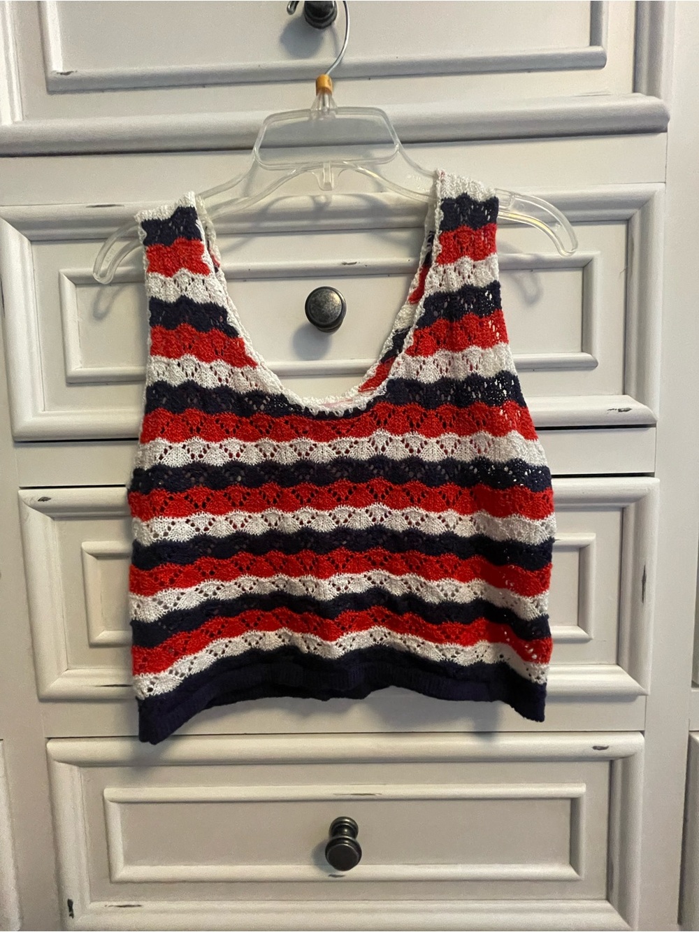 Striped Crochet Cropped Tank Top - Red, White & Navy. Worn Once